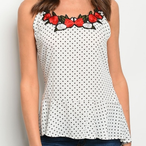❤Polka Dot Ruffled Tank with Floral Neckline - Picture 2 of 2